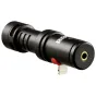 RØDE VideoMic Me-L Lightning mikrofonas iPhone, juodas cilindrinis korpusas su raudonu įkliju ir 3,5 mm jack jungtimi, skirtas aukštos kokybės garso įrašymui iOS įrenginiuose.