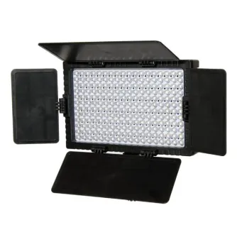 Falcon Eyes Bi-Color LED lampa setas DV-216VC-K2 su atidarytais šakų ir apačiausiais šakų, rodygiant LED panelį ir įskaitant baterijos įkaiti