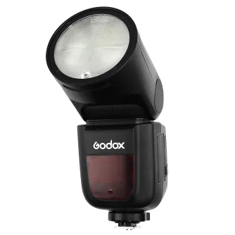 Godox Speedlite V1 Canon blykstė su AK-R1 priedų rinkiniu - kompaktiška blykstė su apvalia galva, magnetiniais modifikatoriais ir belaidžiu X sistema studijoms ir vaizdo apšvietimui.