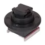 Caruba Hotshoe Adapter - Sony Active Interface Shoe - Juodas adapteris su stačiakampiu montavimo plokšte, apvalia baze su grioveliais ir sidabriniu metaliniu laikikliu.