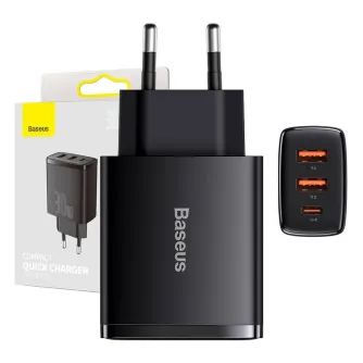 Baterijas, akumulatori un lādētāji - adowarka sieciowa Baseus Compact Quick Charger, 2xUSB, USB-C, PD, 3A, 30W (czarna) - ātri pasūtīt no ražotāja