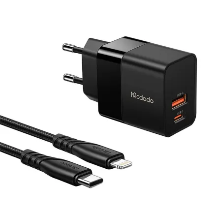 Wall charger Mcdodo CH-1952 USB + USB-C, 20W + USB-C to Lightning cable (black) 