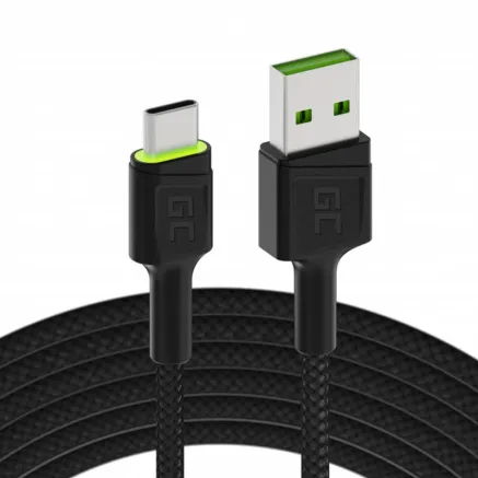 Cable USB - USB-C Green Cell GC Ray, 200cm, green LED, with Ultra Charge, QC 