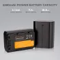 K&F Concept NP-FZ100 2280mAh dviguba baterija Sony kameroms su detaliu priekio vaizdu, kontaktais ir saugos žymėmis