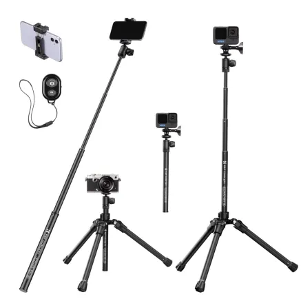 K&F Concept 1.7m Eccentric Tube Cellphone Tripod, Lightweight Super Portable Selfie Stick, DSLR Camera Tripod E224A3+BH-18 Black