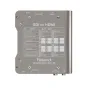 Roland VC-1-SH SDI į HDMI video konvertorius su pažymėtais prievadais, jungikliais ir jungtimis, metaliniu pilku apdaila ir techninėmis specifikacijomis SDI/HDMI konfigūracijoms, garso nustatymams ir HDCP šifravimo galimybėms.