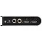 Apsukta juoda Roland VC-1-DL dvipusio SDI/HDMI konverterio, turinčio kelis prievadus, įskaitant HDMI, SDI ir garso lizdus, su varžtais ir indikatorių šviesomis, vaizdas, sumontuotas ant matinio metalo skydelio.