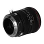 Artimas Venus Optics Laowa 15mm f/4.5R Zero-D Shift objektyvo Canon EF, su juodu korpusu ir raudonais akcentais, sidabriniu tvirtinimu ir detaliu diafragmos žiedu. Objektyvas yra pasuktas įstrižai, pabrėžiant jo tekstūruotą rank
