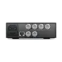 Blackmagic Teranex Mini Quad SDI konverteris su 12G-SDI prievadais, Ethernet PoE+ jungtimi ir SDI išėjimo lizdais. Galinis skydelis su pažymėtais įėjimais/išėjimais ir maitinimo jungtimi.