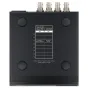 Blackmagic Teranex Mini Quad SDI į 12G‑SDI konvertuotojo galinė panelė su keturiais BNC jungtimis ir jungiklio schema, rodanti OFF/ON nustatymus 1‑8 kanalams ir 3G Level A/B išvestims