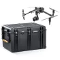 HPRC 2800W kietas dėžės DJI Inspire 3, su skyreliais, rakto užraktu ir slėgio lygiavimo vožtuvu, šalia DJI Inspire 3 drono su kamera ir keturiais propeleriais su geltonais akcentais.