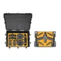 HPRC 2800W kietas dėžės DJI Inspire 3 su pritaikytu geltonu putų įdėklu, atidarytas, atskleidžiantis organizuotus skyrius dronui, nuotolinio valdymo pultams, baterijoms ir propelleriams, taip pat atskirą putų panelį propelleriam