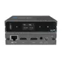Kiloview HDMI NDI Bi-Directional Converter (N6) su LCD ekranu, rodančiu CPU naudojimą, atmintį, temperatūrą ir versijos informaciją, su HDMI įėjimu/išėjimu, 3.5mm garso įėjimu/išėjimu, PoE Ethernet ir DC 12V maitinimo įėjimu.