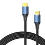 Vention HDMI 2.1 8K kabelis 2m su mėlynais jungtimis ir auksu padengtais galais, su pintu juodu apvalku ir išsamia ženklinimu.