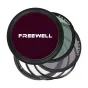 Freewell 82mm magnetinė VND filtrų sistema su bordo centriniu filtru, pažymėtu 'FREEWELL', juodais rėmeliais su baltu tekstu, nurodančiu diapazonus, tokius kaip '2-5 ŽINGSNIAI' ir '6-9 ŽINGSNIAI', komplekte yra magnetinis žiedas