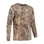 Stealth Gear ilgo rankovų T‑shirt dydis L su realiu nendrės ir žolės kamufliažo raštu žemės tonais, 100% poliesteris, greitai džiūstantis ir antibakterinis