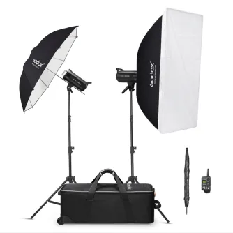 Profesionalus Godox SK300IIV-C studijos blykstės rinkinys su softbox'u, skėčiais ir belaidžiu valdymu studijiniam apšvietimui