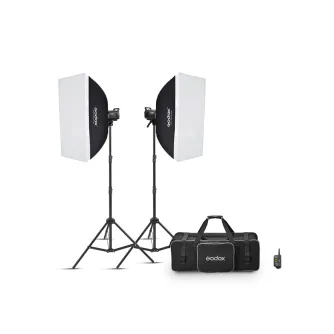 Godox MS300V F dvigubo studijinio blykstės komplektas su dviem 300Ws studijiniais blykstėmis, 60x90 cm minkštais blykstės difuzoriais, reguliuojamais šviesos stovais ir belaidžiu XT16 blykstės valdikliu tvirtoje nešiojamoje dėžė