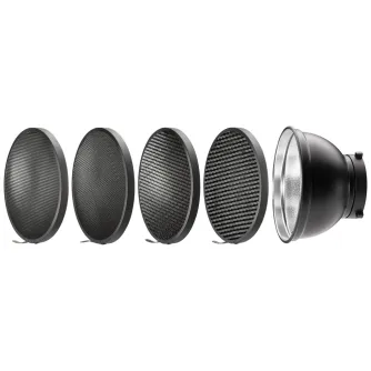 Westcott 55-Degree Wide Umbrella Reflector with Honeycomb Grids (Bowens Mount) - Aukštos kokybės fotografijos šviesos modifikatorius su penkiais apvaliais pčelinių tinklelių, skirtų tiksliai šviesos kontrolei. Westcott 55-Degree Wide Umbrella Reflector with Honeycomb Grids (Bowens Mount) - Aukštos kokybės fotografijos šviesos modifikatorius su penkiais apvaliais pčelinių tinklelių, skirtų tiksliai šviesos kontrolei.