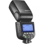 Godox Speedlite V860III blykstė su LCD ekranu, rodančiu TTL režimą ir 105 mm priartinimą, dalis Fuji X-PRO II siųstuvo komplekto, juodas korpusas, matomas Godox prekės ženklas.