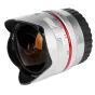 Samyang 8mm f/2.8 fisheye objektyvas Sony E-mount, sidabriniu korpusu su juodu guminiu įvoriu ir žiedine formos objektyvo gaubtu, demonstruojantis rankinį fokusavimą ir diafragmos žiedus.