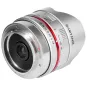 Samyang 8mm f/2.8 kalamojo objektyvas Sony E-mount, sidabrinis metalinis korpusas, raudona fokusavimo žiedas su atstumo žymėjimais, diafragmos skalė ir kompaktiškas dizainas.