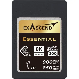 Exascend Essential CFexpress 4.0 Type A 1TB atminties kortelė su 8K Ultra HD palaikymu ir dideliais skaitymo/rašymo greičiais 900 MB/s ir 850 MB/s.