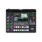 RGBlink Mini Edge Produkcijos Mikseris su 5,5" LCD ekranu, rodančiu kelis vaizdo srautus, spalvingais valdymo mygtukais, mygtukais ir joystick'u, su pažymėtais prievadais ir elegantišku dizainu.