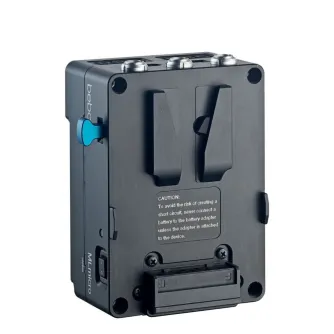 Bebob ML-Micro Hotswap Adapter su D-Tap ir Lemo jungtimis V-Mount baterijoms, su mėlynu jungikliu ir įspėjimo etikete saugiam baterijų valdymui Bebob ML-Micro Hotswap Adapter su D-Tap ir Lemo jungtimis V-Mount baterijoms, su mėlynu jungikliu ir įspėjimo etikete saugiam baterijų valdymui