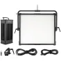NANLUX Dyno 1200C RGBWW LED Soft Panel Light su tvirtinimu, maitinimo šaltiniu ir priedais išdėstyti atskirai.