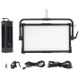 NANLUX Dyno 650C RGBWW LED Soft Panel Light su juodu rėmu, baltu difuzoriumi, montuojama ant juodo laikiklio, matomi kabeliai ir maitinimo šaltinis.