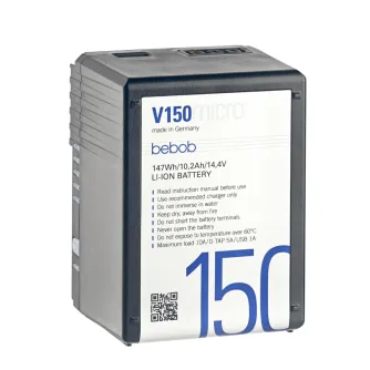 Bebob V150MICRO micro V-Mount Li-Ion Battery 14.4V/147Wh - Patvarus, D-Tap, USB įkrovimas, 10.2Ah talpa Bebob V150MICRO micro V-Mount Li-Ion Battery 14.4V/147Wh - Patvarus, D-Tap, USB įkrovimas, 10.2Ah talpa