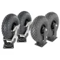 Filmcart Off-Road Ratukai 260mm - tvirti 260mm ratukai, sumontuoti ant juodų metalinių laikiklių, su protektoriaus raštu ir pritvirtinti sidabriniais varžtais, pakelia vežimėlius 50mm off-road filmavimui.