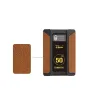 Rolux Dynasty I 50Wh V-Mount Battery su odos tekstūros šoninėmis plokštėmis, rodančiomis baterijos būseną ir technines specifikacijas