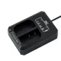 JJC DCH-BLF19E USB dviejų baterijų kroviklis Panasonic DMW‑BLF19 ir Sigma BP‑61, juodas kompaktiškas korpusas su dviem krovimo lizdais, indikatorių LED ir prijungtu USB kabeliu