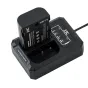 JJC DCH‑BLF19E USB dvigubas baterijų įkroviklis su Panasonic DMW‑BLF19 baterija, rodantis du įkrovimo lizdus, indikacinius LED ir USB prievadą juodame kompaktiškame korpuse.