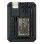 JJC DCH‑NB13L dvigubas akumuliatorių kroviklis su USB kabeliu, juodas plastikinis korpusas, etiketėje nurodyti 5 V 2.2 A įėjimo ir 4.2 V 600 mA išėjimo parametrai, skirtas Canon NB‑13L baterijoms