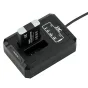 JJC DCH‑NB13L dvigubas USB akumuliatorių kroviklis Canon NB‑13L, juodas plastikinis korpusas su dviem įkrovimo lizdais, vienas akumuliatorius įdėtas, indikatorių LED, USB laidas prijungtas, viršutinė perspektyva