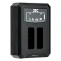 JJC DCH-NB13L USB dvigubas akumuliatorių kroviklis Canon NB-13L, juodas priekinis skydelis su dviem akumuliatorių lizdais ir skaitmeniniu ekranu