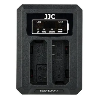 JJC DCH-ENEL14A dvigubas baterijų įkroviklis su USB įkrovimu ir dviem baterijų lizdais