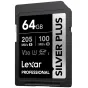 Lexar Professional SILVER PLUS SDXC UHS-I 64GB atminties kortelė su 205 MB/s skaitymo greičiu ir 100 MB/s rašymo greičiu 4K vaizdo įrašymui