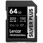 Lexar Professional SILVER PLUS SDXC UHS-I 64GB atminties kortelė su 205 MB/s skaitymo greičiu ir 100 MB/s rašymo greičiu, ideali aukštos kokybės fotografijai ir 4K vaizdo įrašymui.