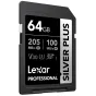 Artimas vaizdas Lexar Professional SILVER PLUS SDXC UHS-I atminties kortelės, 64 GB, su 205 MB/s skaitymo greičiu, 100 MB/s rašymo greičiu, V30, U3 ir tekstūruotu dizainu.