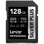 Lexar profesionali SILVER PLUS 128GB SDXC UHS-I V30 atminties kortelė su 205 MB/s skaitymo ir 150 MB/s rašymo greičiu, skirta 4K vaizdo ir serijinei fotografijai.