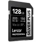 Lexar profesionali SILVER PLUS 128GB SDXC UHS-I V30 atminties kortelė su 205 MB/s skaitymo ir 150 MB/s rašymo greičiu, skirta 4K vaizdo įrašymui ir greitai serijinei fotografijai.
