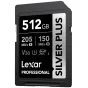 Lexar Professional Silver Plus 512 GB SDXC UHS‑I atminties kortelė, V30, 205 MB/s skaitymas, 150 MB/s rašymas, ideali 4K vaizdo įrašams ir serijiniam fotografavimui