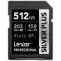 Lexar Professional Silver Plus 512GB SDXC atminties kortelė, 205MB/s skaitymas, 150MB/s rašymas, V30, UHS‑I, priekinė pusė su etikete