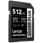 Lexar Professional Silver Plus 512 GB SDXC UHS‑I atminties kortelė, priekinis vaizdas, 205 MB/s skaitymo greitis, 150 MB/s rašymo greitis, V30, U3, A2, 4K paruošta.