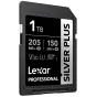Lexar Professional SILVER PLUS 1TB SDXC UHS-I kortelė su 205MB/s skaitymo ir 150MB/s rašymo greičiu, tinkama 4K vaizdo įrašymui.