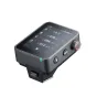 Godox X3Pro C 2.4G jutiklinis TTL siųstuvas ant Canon kameros, šoninis vaizdas, aktyvus ekranas rodo apšvietimo grupes A, B, C, D ir baterijos lygį